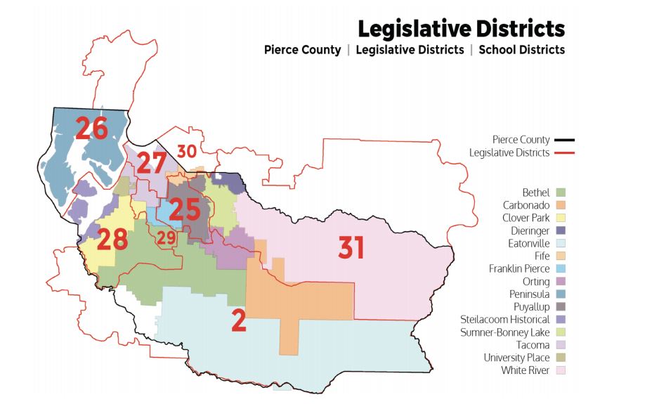 A map of Pierce County outlining each legislative district listed next to the area